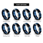 font options for inside engraving on blue & grey zigzag pattern rings
